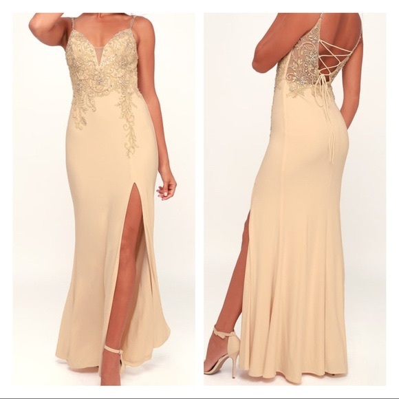 Lulus enchantment champagne beaded maxi dress - Picture 3 of 7